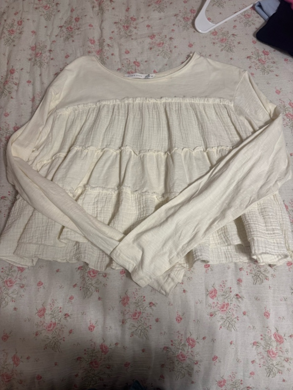 Altar'd State Cream Long Sleeve Ruffled Peplum Top